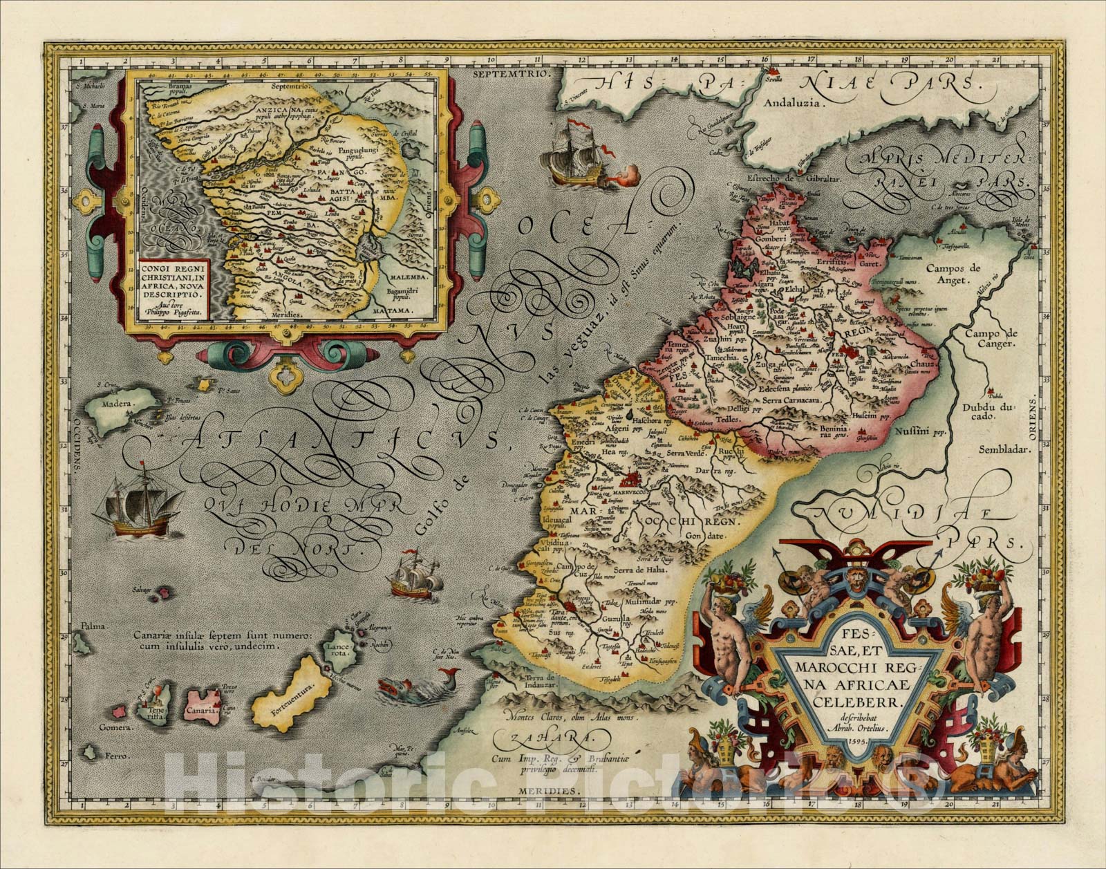 Historic Map : Fessae, et Marocchi Regna Africae Celeberr. describebat Abrah. Ortelius. 1595 [with large inset of West Africa], 1608, , Vintage Wall Art