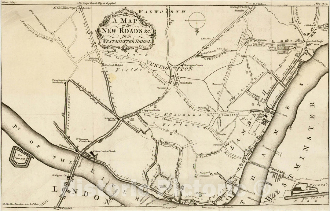 Historic Map : [London] A Map of the New Roads &c. from Westminster Bridge, 1753, Gentleman's Magazine, Vintage Wall Art