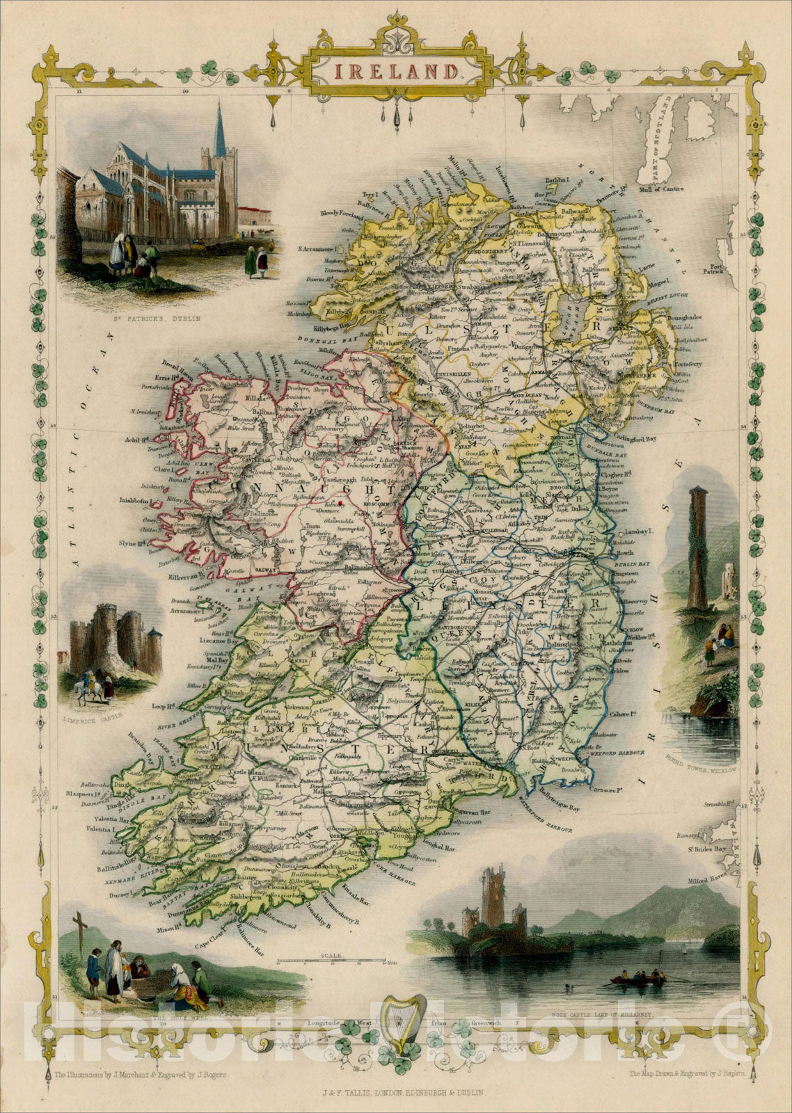 Historic Map : Ireland, 1851, John Tallis, v4, Vintage Wall Art