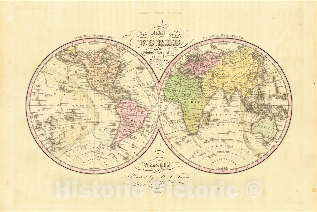 Historic Map : A New Map of the World on the Globular Projection, 1836, Henry Schenk Tanner, Vintage Wall Art