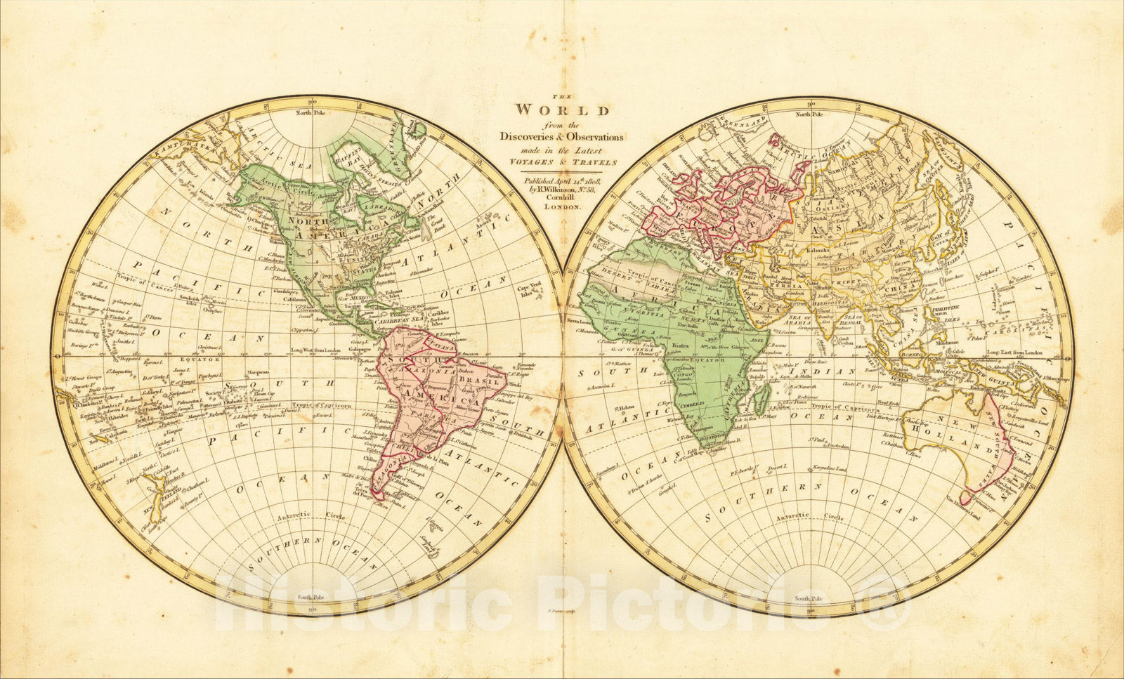 Historic Map : The World from the Discoveries and Observations in the Latest Voyages and Travels, 1808, 1808, Robert Wilkinson, Vintage Wall Art