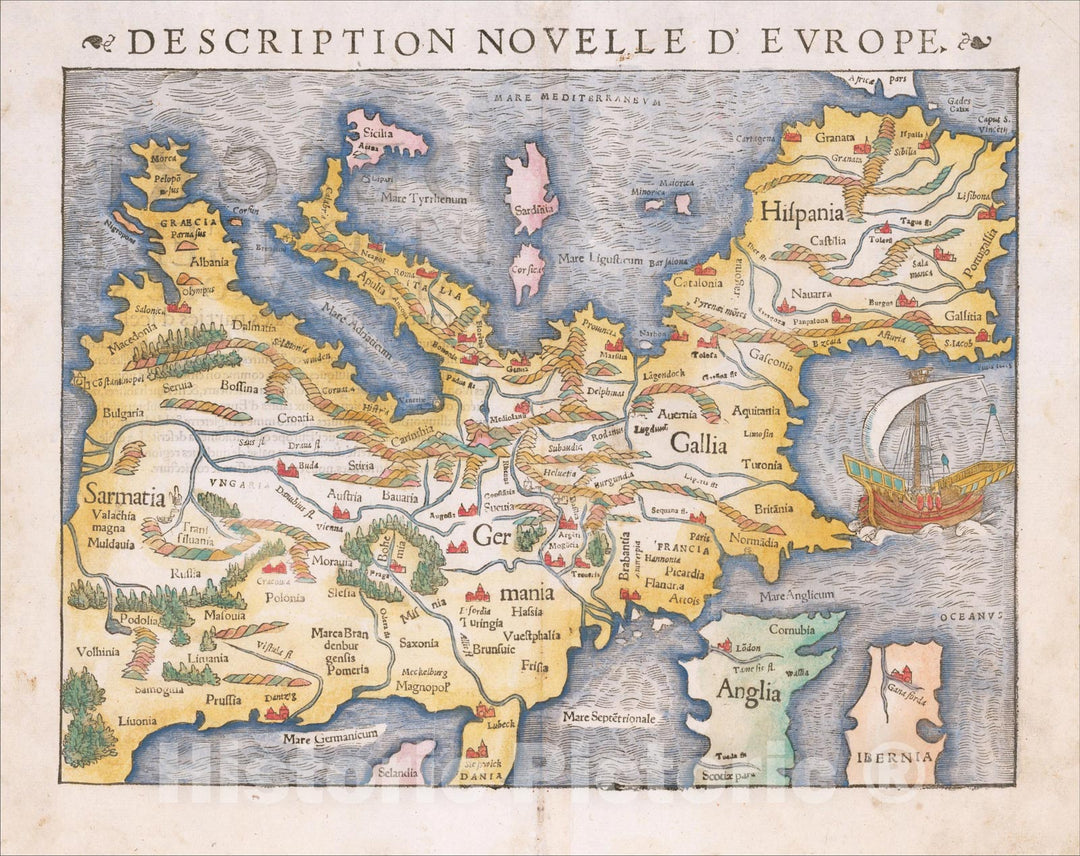 Historic Map : Description Nouvelle D'Europe, 1552, Sebastian M?nster, Vintage Wall Art