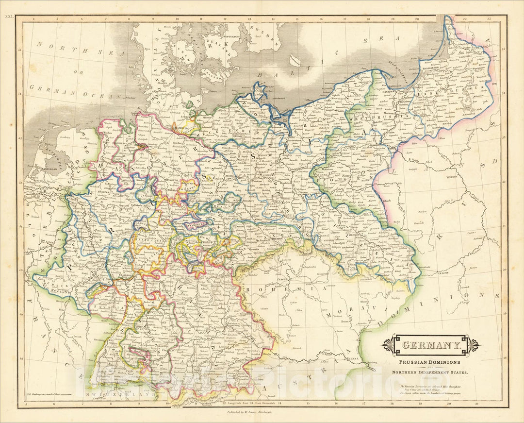 Historic Map : Germany. Prussian Dominions and Independent States, 1828, Daniel Lizars, Vintage Wall Art