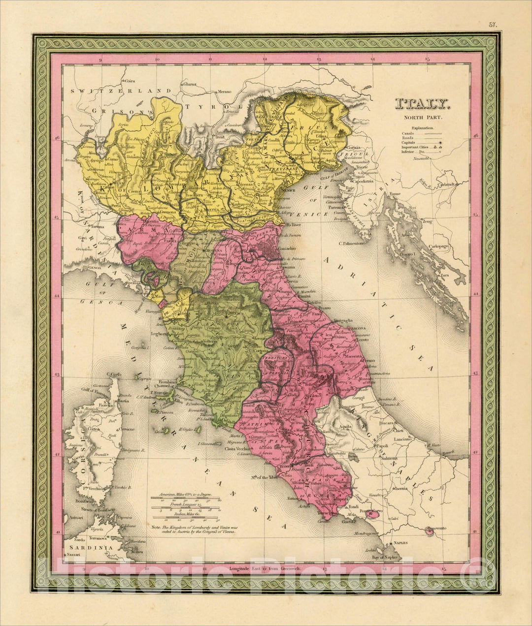 Historic Map : Italy. North Part. [and Corsica], 1845, Henry Schenk Tanner, Vintage Wall Art