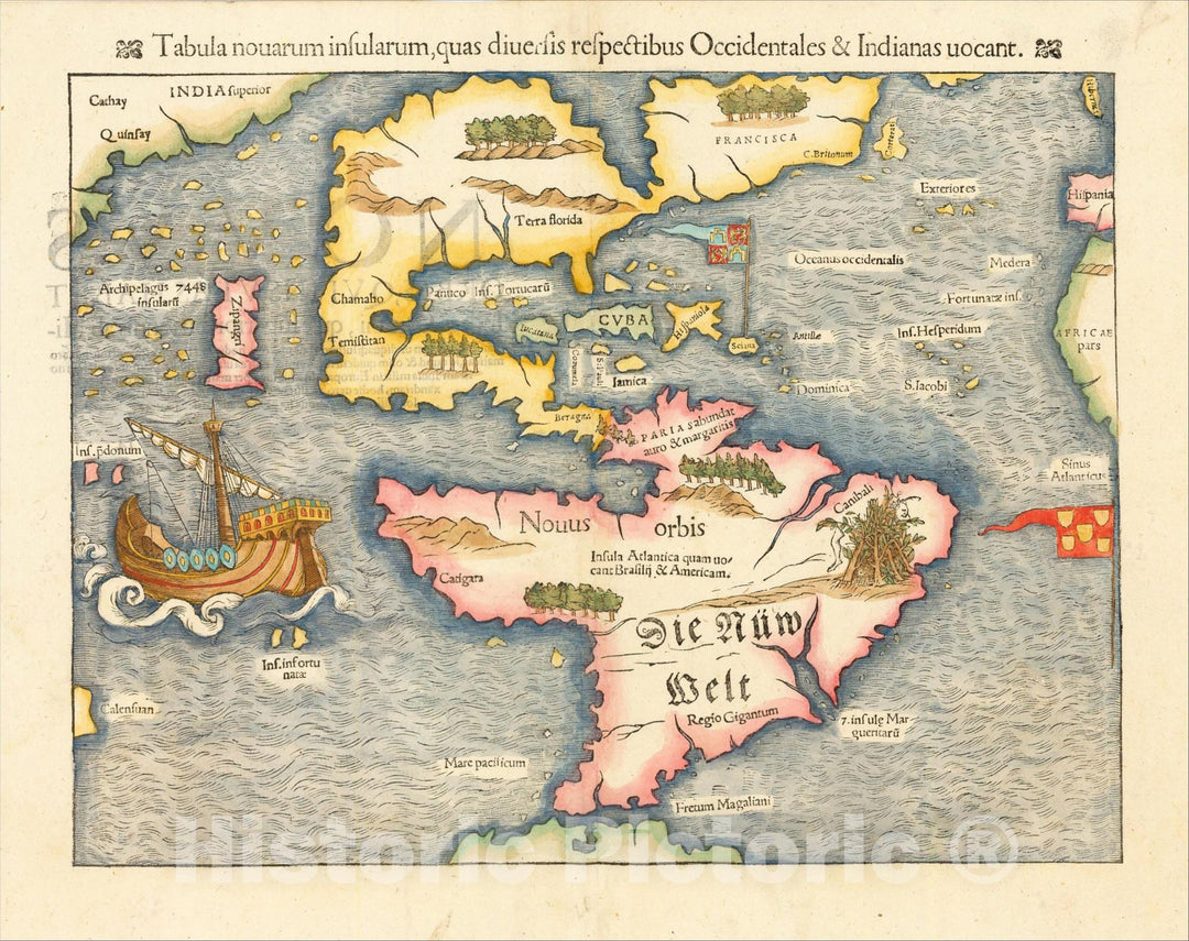 Historic Map : Tabula novarum insularum, quas Diversis respectibus Occidentales & Indianas uocant. [1st Map of the continent of America], 1554, , Vintage Wall Art