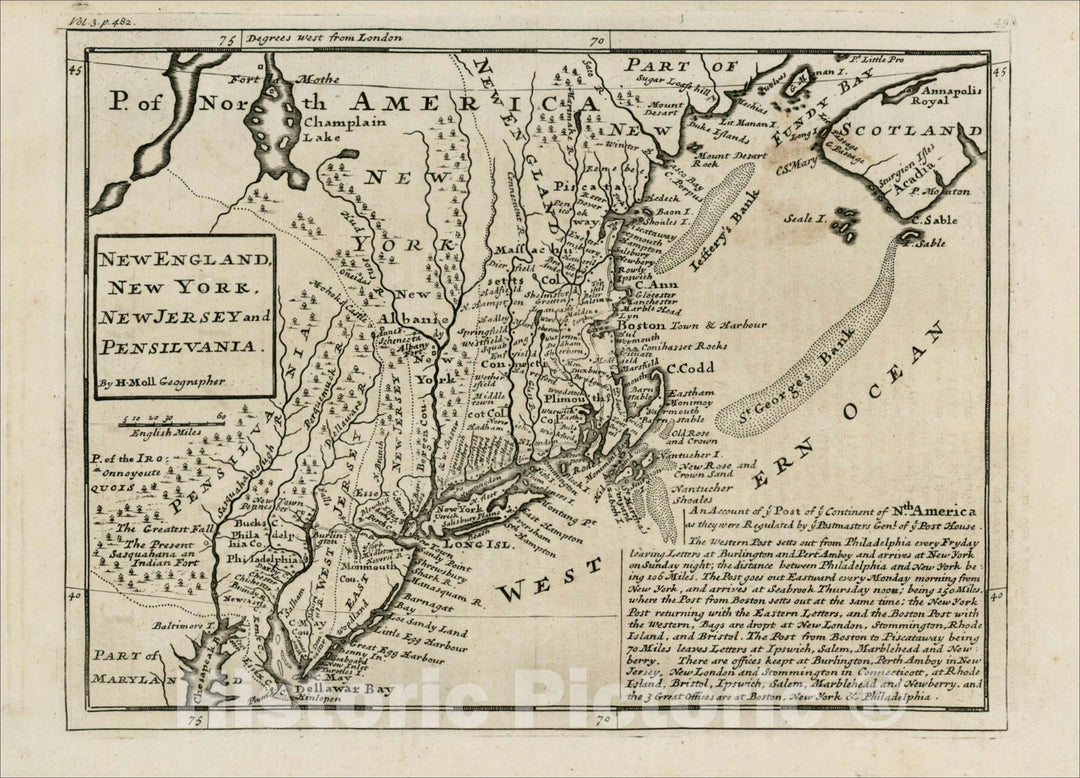 Historic Map : New England, New York, New Jersey and Pensilvania, 1732, , Vintage Wall Art