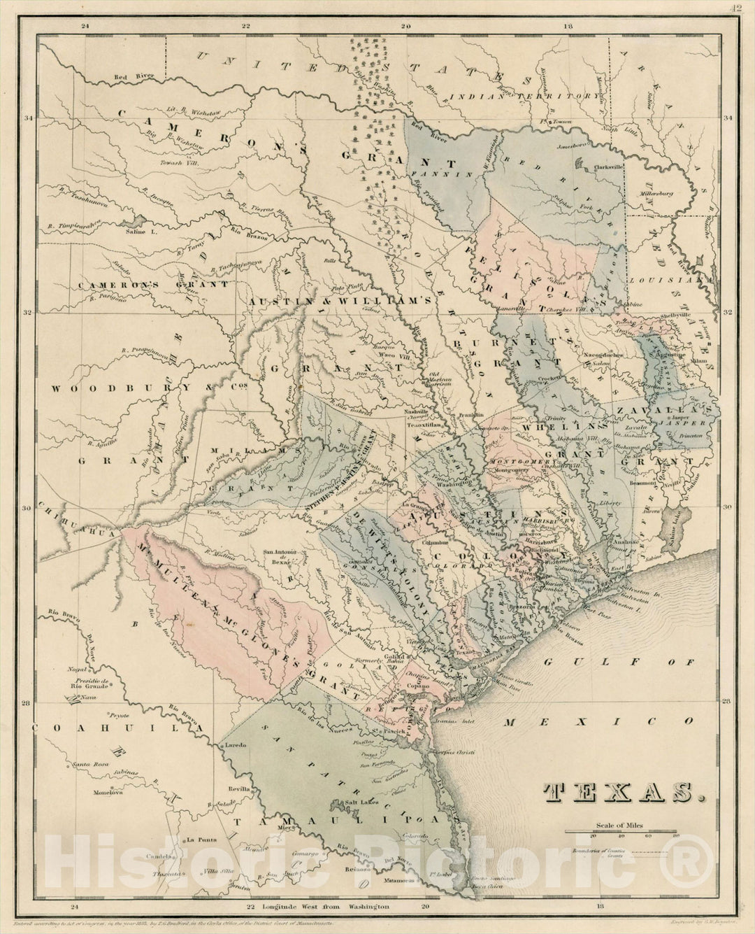 Historic Map : Texas, 1838, Thomas Gamaliel Bradford, v2, Vintage Wall Art