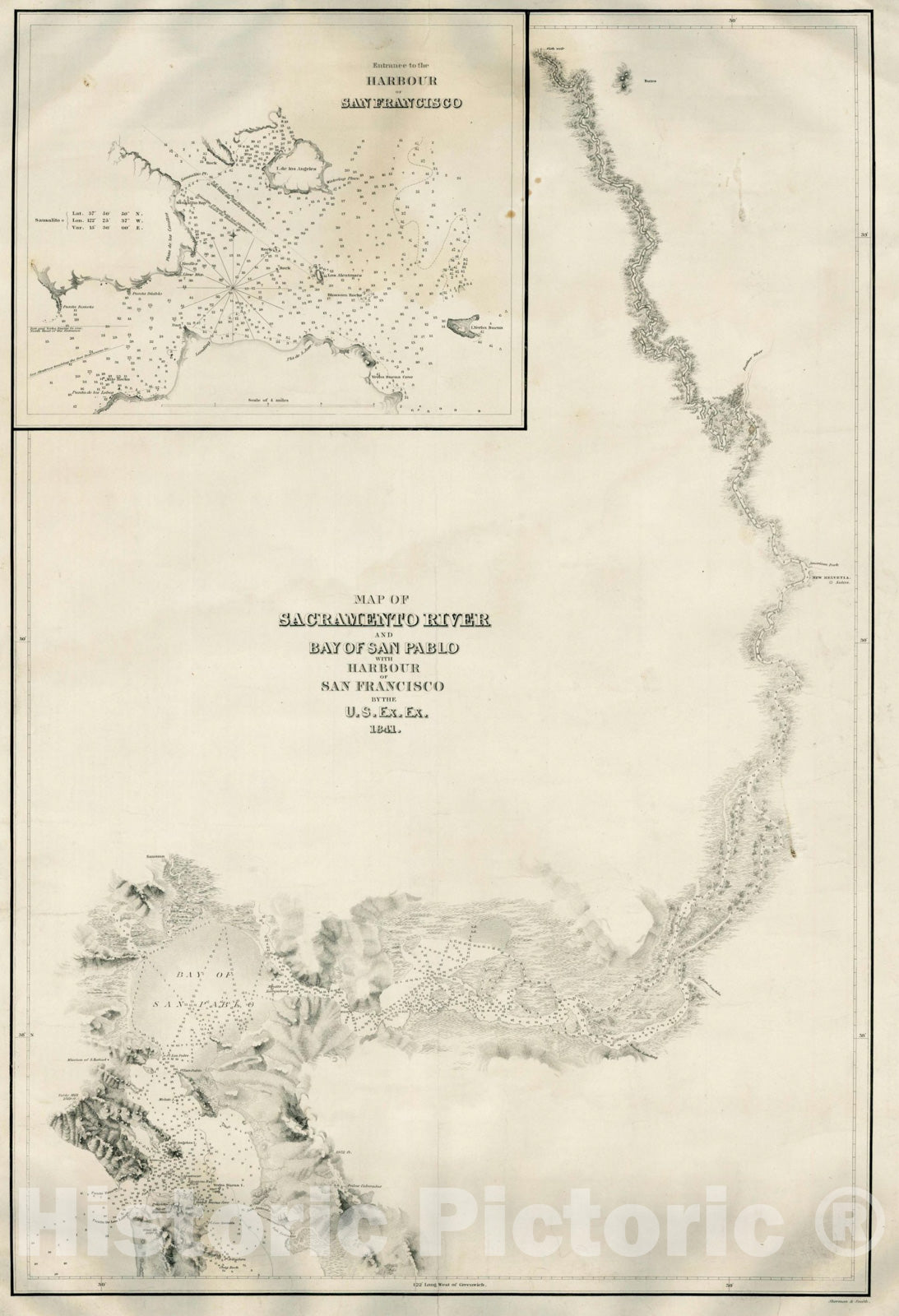 Historic Map : Map of Sacramento River and Bay of San Pablo with Harbour of San Francisco and the San Francisco Bay, 1858, Vintage Wall Art