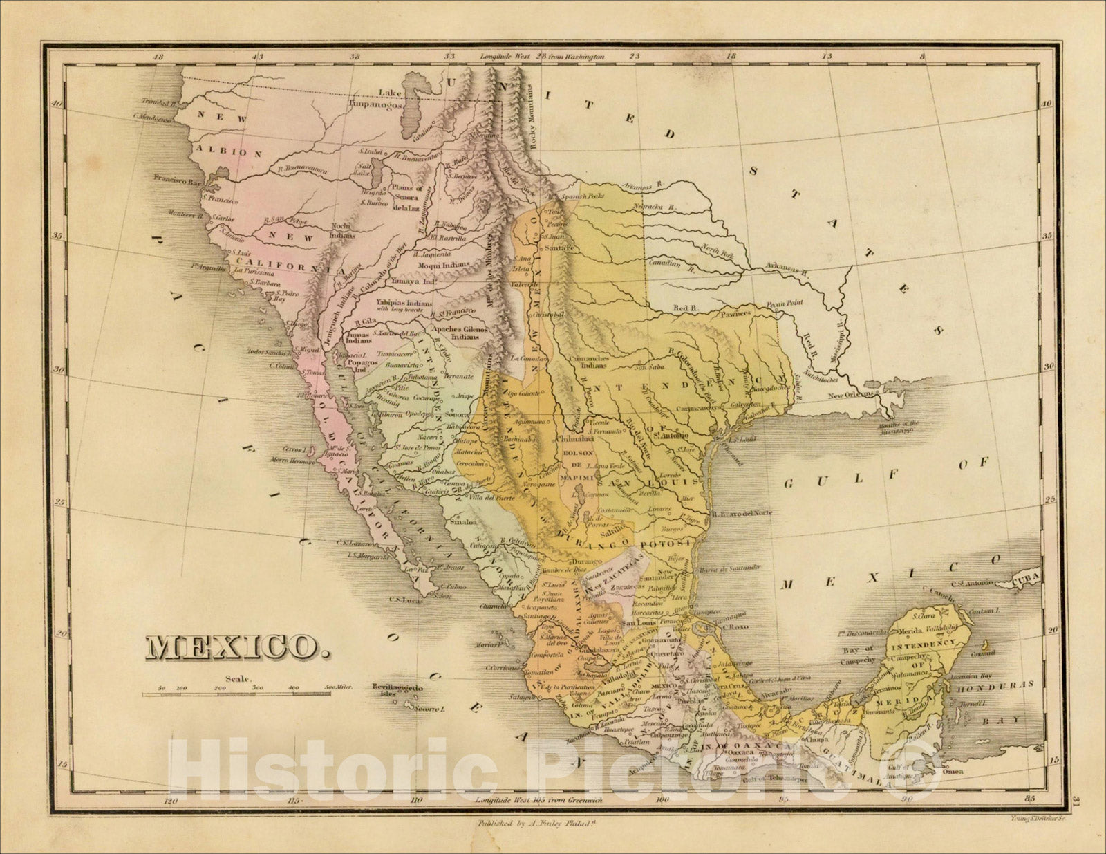 Historic Map : Mexico [including Texas & Upper California], 1824, Anthony Finley, v2, Vintage Wall Art