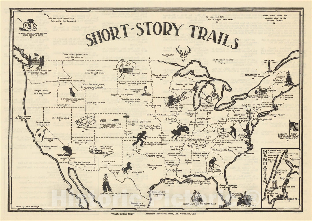 Historic Map : Short-Story Trails, c1930, Clara Molendyk, Vintage Wall Art