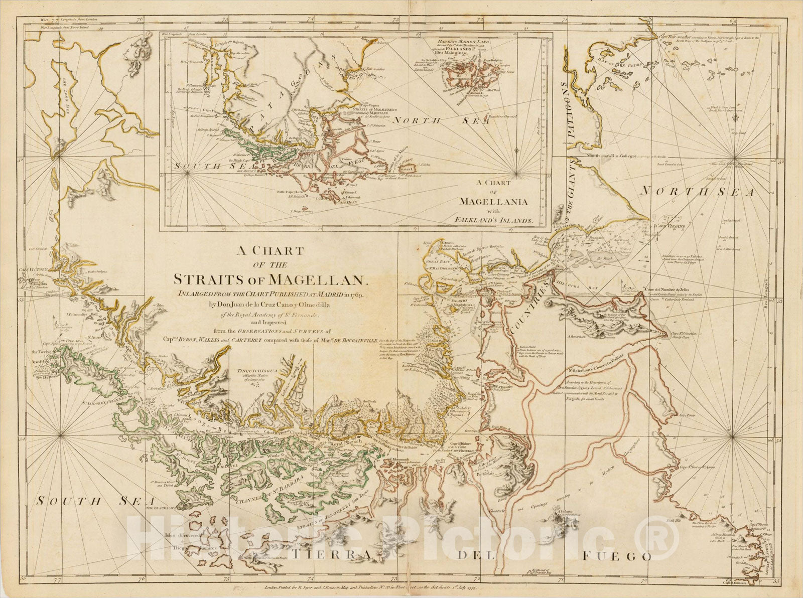 Historic Map : A Chart of the Straits of Magellan Inlarged from the Chart Published at Madrid in 1769 by Don Juan de la Cruz Cano y Olmedilla, 1775, Vintage Wall Art