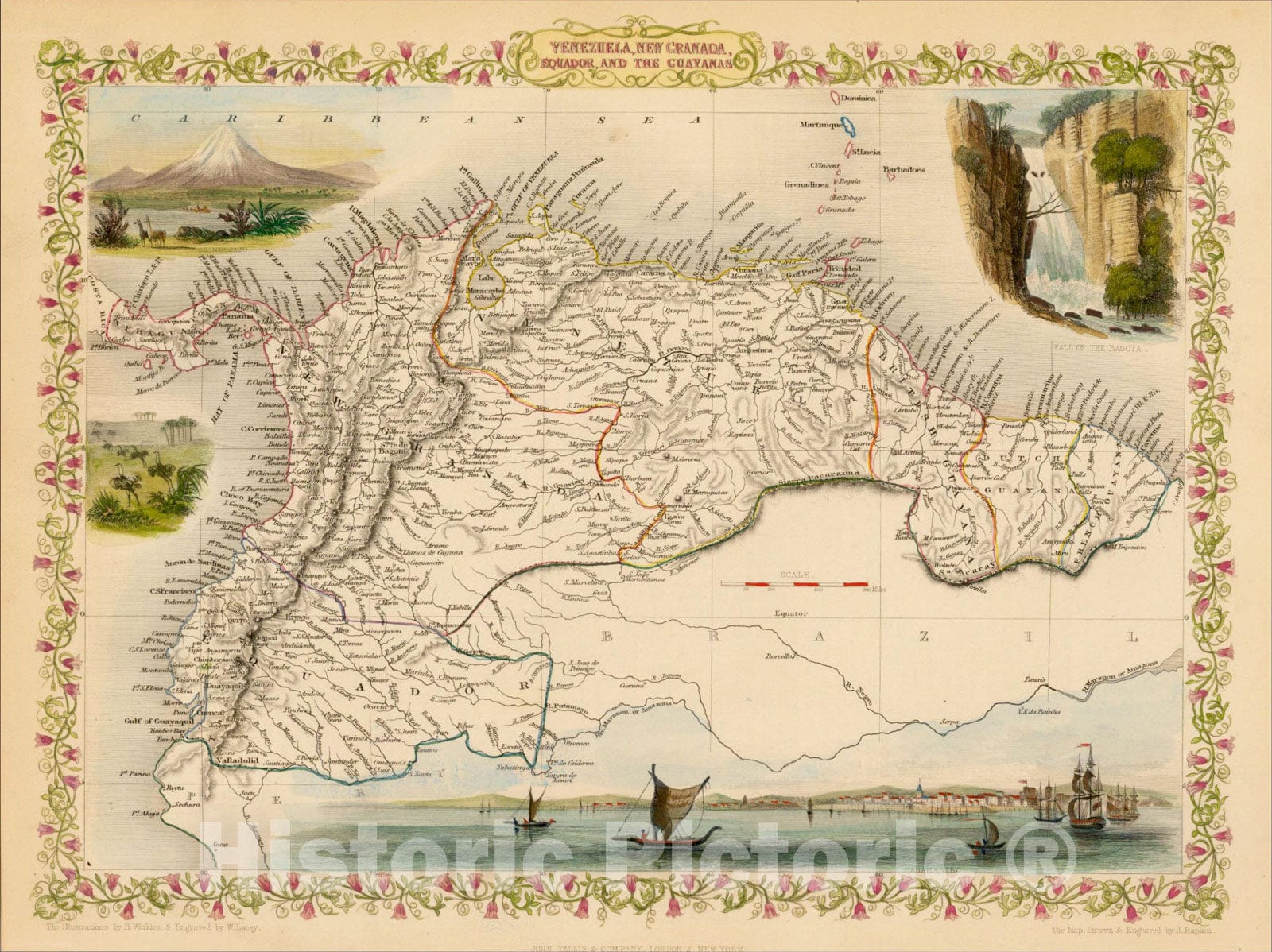 Historic Map : Venezuela, New Granada, Equador, and the Guayanas, 1851, John Tallis, Vintage Wall Art