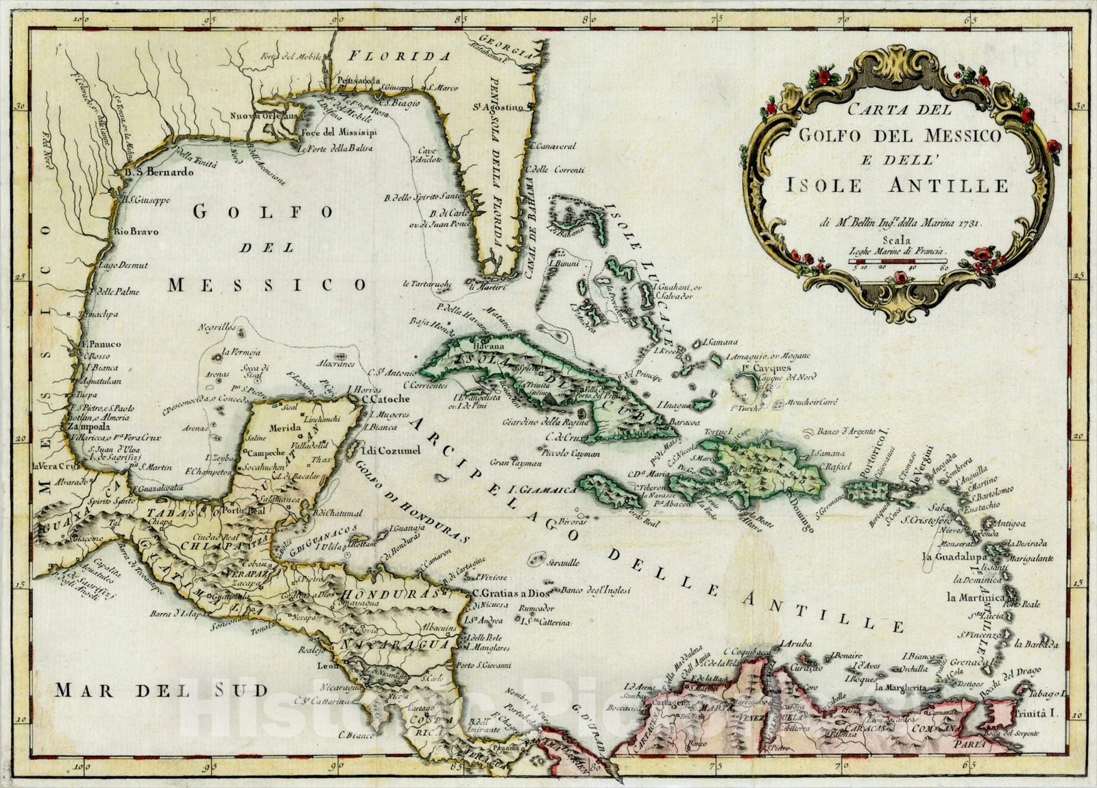 Historic Map : Carta del Golfo del Messico e dell' Isole Antille, 1781, 1781, Jacques Nicolas Bellin, Vintage Wall Art