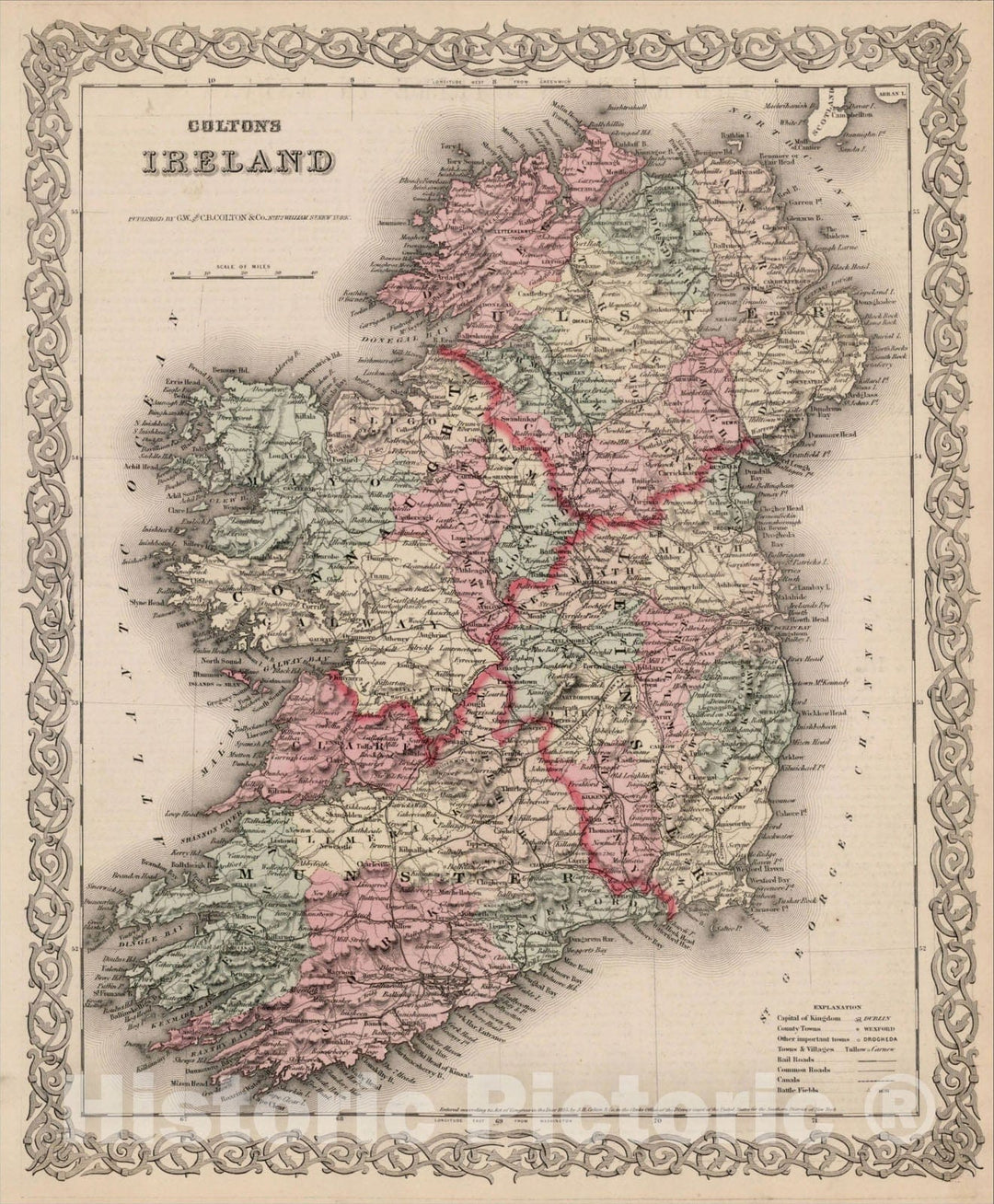 Historic Map : Colton's Ireland, 1864, Joseph Hutchins Colton, Vintage Wall Art