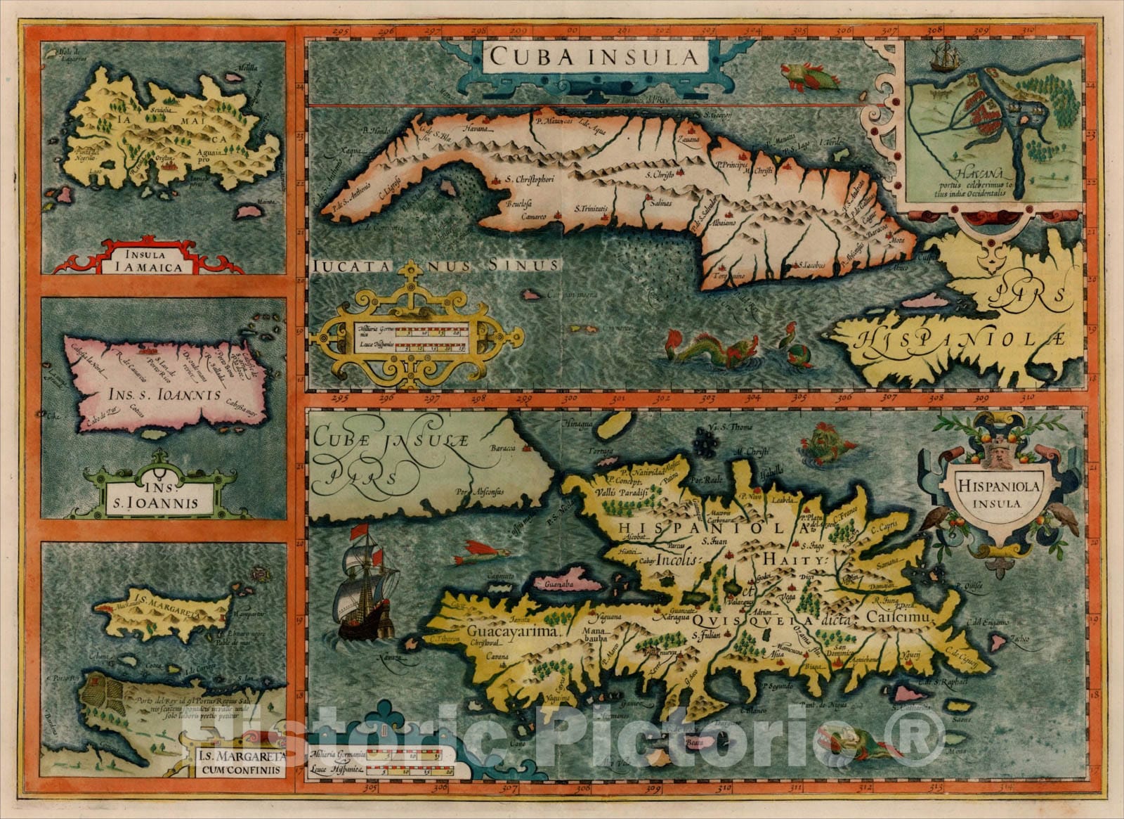 Historic Map : Cuba Insula with Hispaniola Insula with Insula Jamaica with Ins. S. Ioannis with I.S. Margareta Cum Confiniis, 1636, , Vintage Wall Art