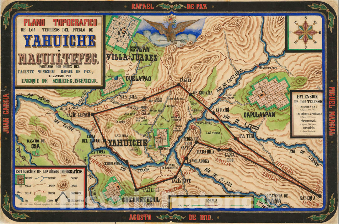 Historic Map : Plano Topografico de los Terrenos del pueblo de Yahuiche o Macuiltepec, 1870, Enrique de Schleyer, Vintage Wall Art