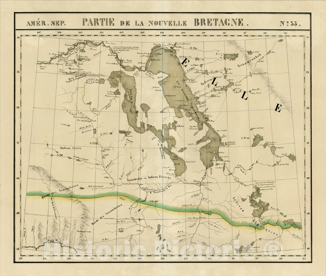 Historic Map : Amer. Sep. No. 33. Partie De La Nouvelle Bretagne (Lake Winnepeg, Lake of the Woods and Skatehawan River], 1825, , Vintage Wall Art