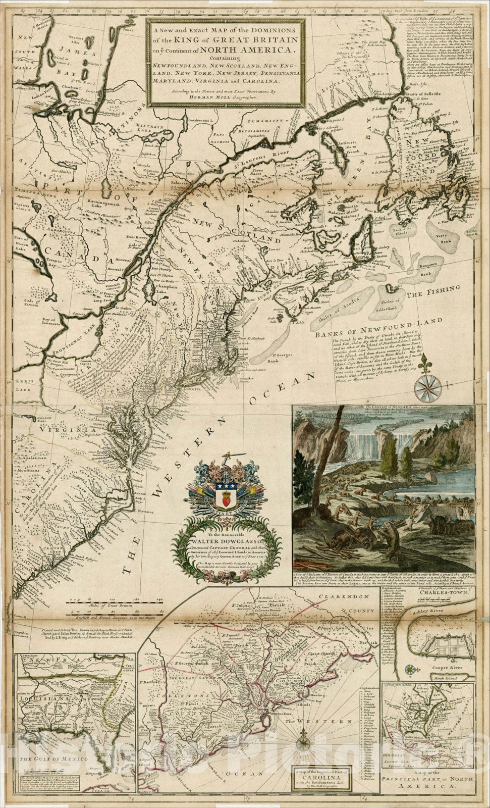 Historic Map : A New and Exact Map of the Dominions of the King of Great Britain on ye Continent of North America, [Beaver Map], 1715, , Vintage Wall Art