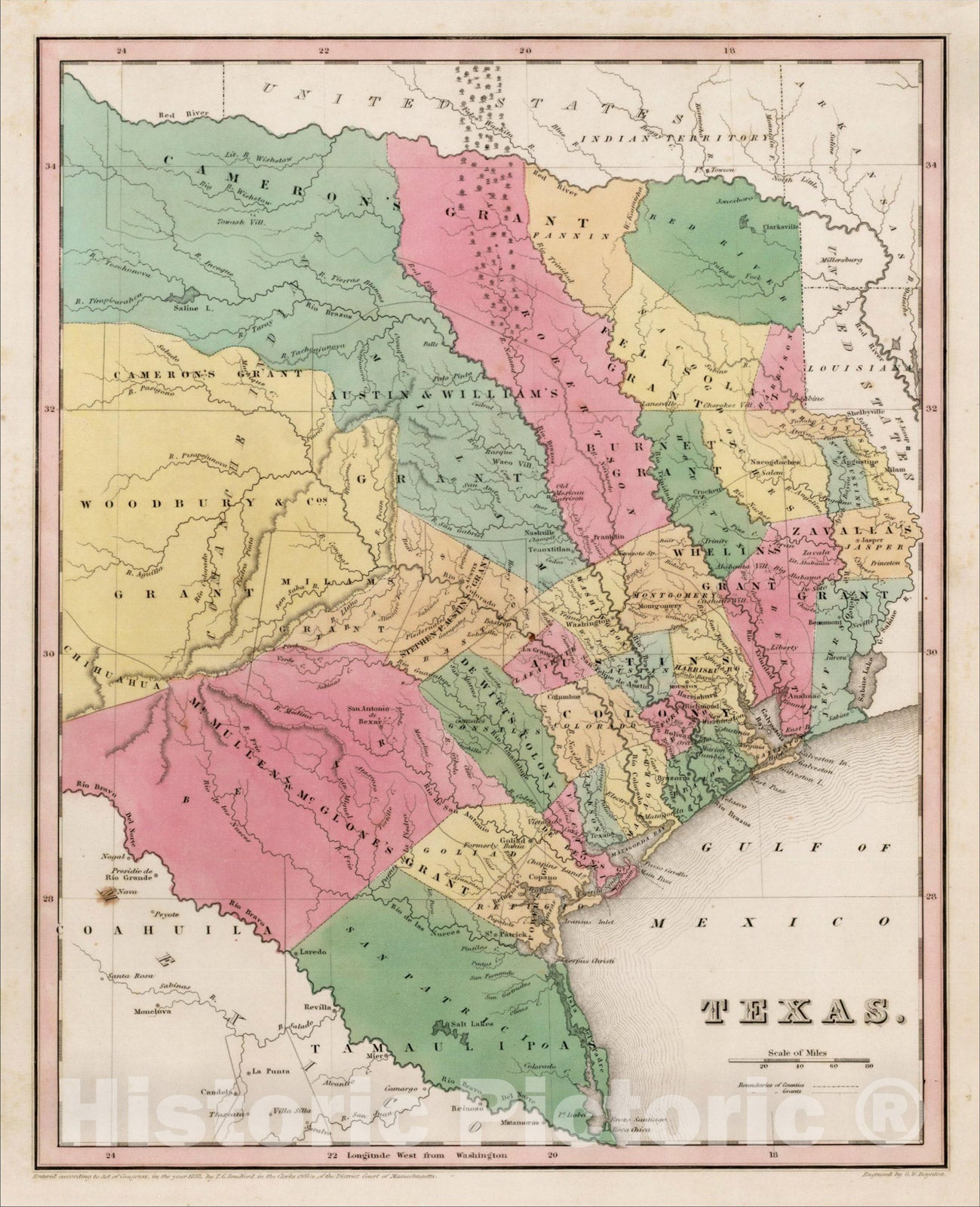 Historic Map : Texas (Republic of Texas), 1838, Thomas Gamaliel Bradford, Vintage Wall Art