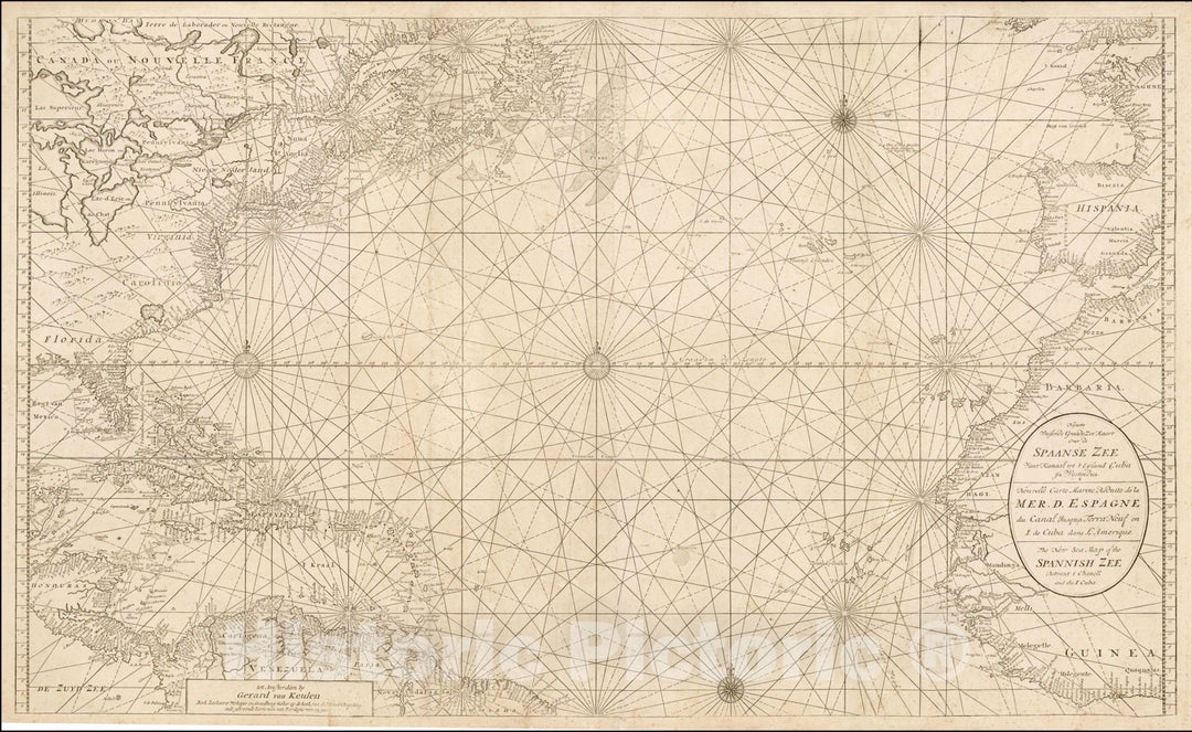 Historic Map : Nieuwe Wassende Graade Zee Kaart over de Spaanse Zee Vant Kanaal tot 't Eyland Cuba In Westindia, 1726, Gerard Van Keulen, Vintage Wall Art