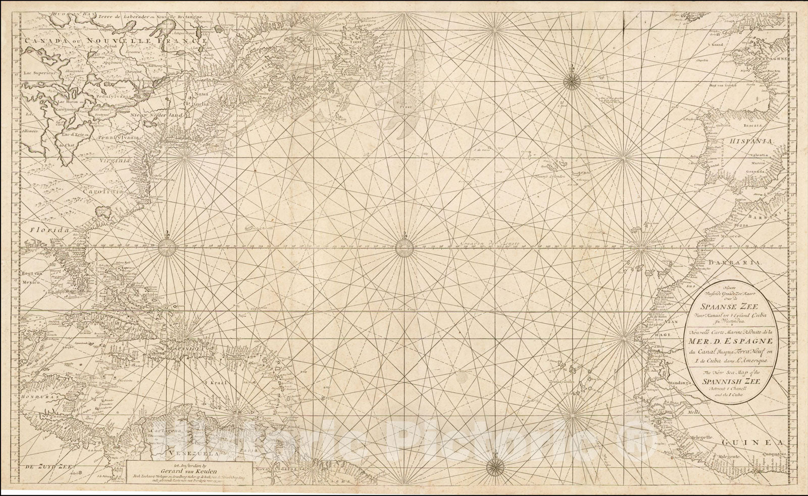 Historic Map : Nieuwe Wassende Graade Zee Kaart over de Spaanse Zee Vant Kanaal tot 't Eyland Cuba In Westindia, 1726, Gerard Van Keulen, Vintage Wall Art