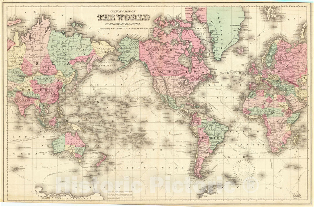 Historic Map : Colton's Map of the World on Mercator's Projection, 1857, Joseph Hutchins Colton, Vintage Wall Art