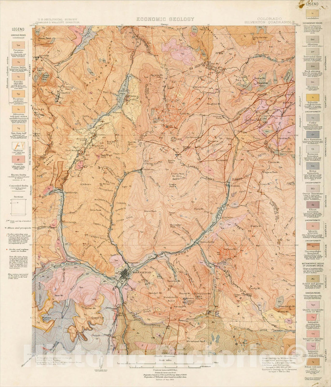 Historic Map : Colorado Silverton Quadrangle -- Economic Geology (Ouray), 1901, U.S. Geological Survey, Vintage Wall Art