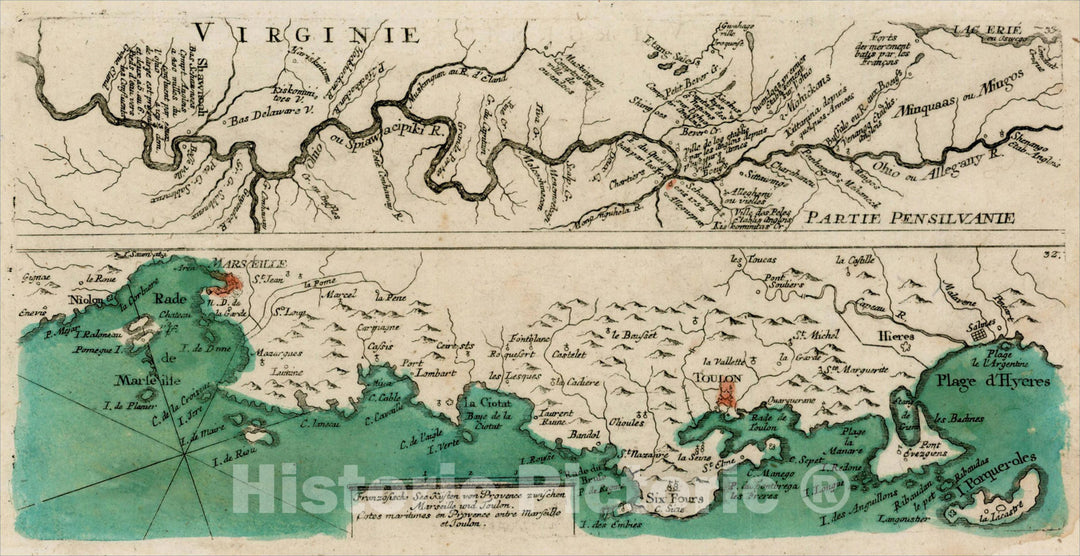 Historic Map : (Ohio River Valley from Lake Erie to Cincinnati area with French Coastline from Marsaille to Toulon and Hieres), 1760, Vintage Wall Art