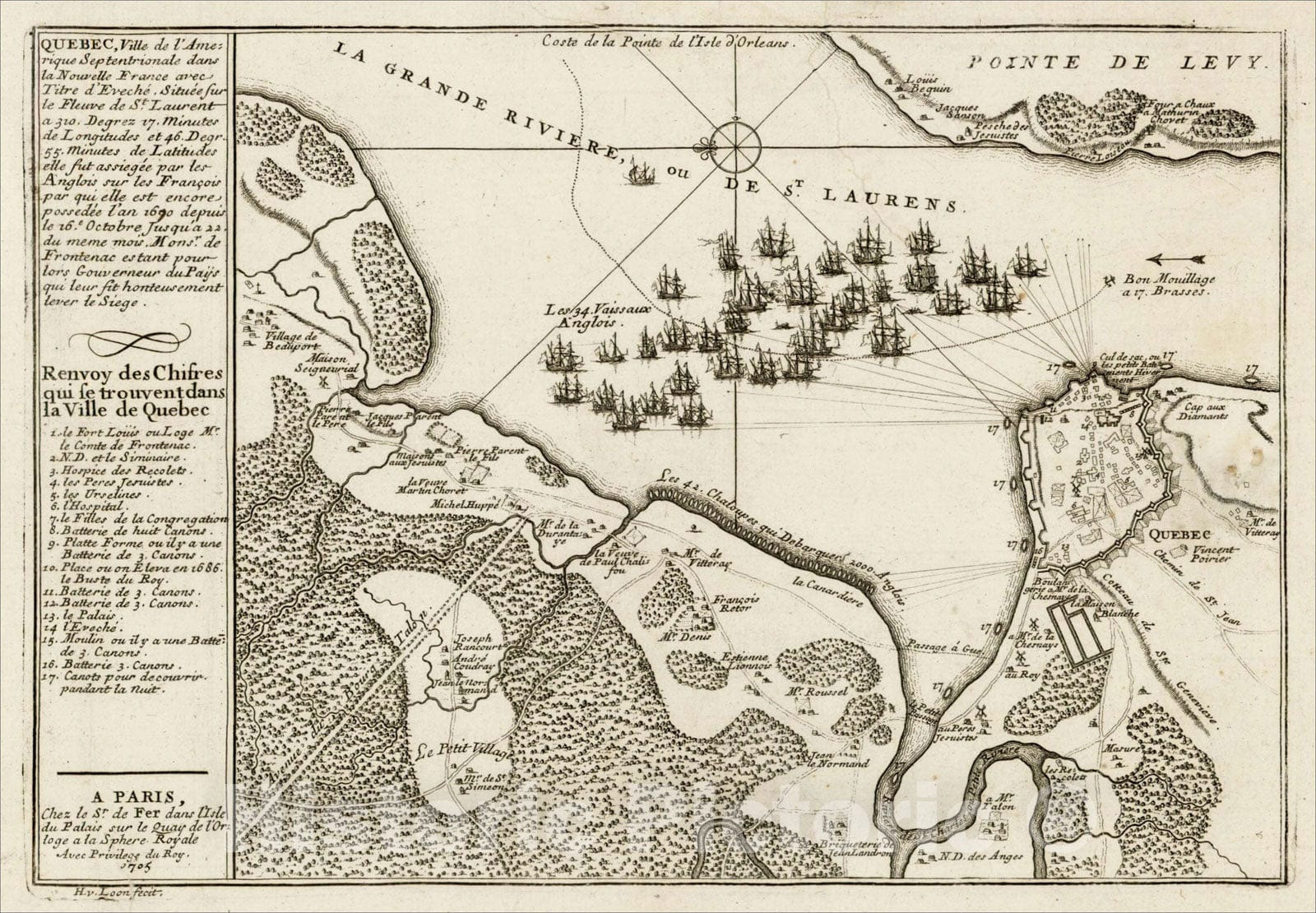 Historic Map : Quebec, Ville de l'Amerique Septentrionale dans la Nouvelle France, 1705, 1705, , Vintage Wall Art