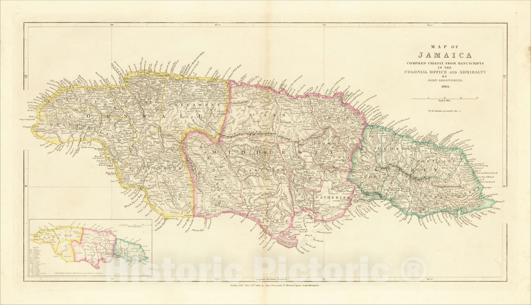 Historic Map : Map of Jamaica Compiled Chiefly From Manuscripts in the Colonial Office and Admiralty By John Arrowsmith 1848., 1864, John Arrowsmith, Vintage Wall Art