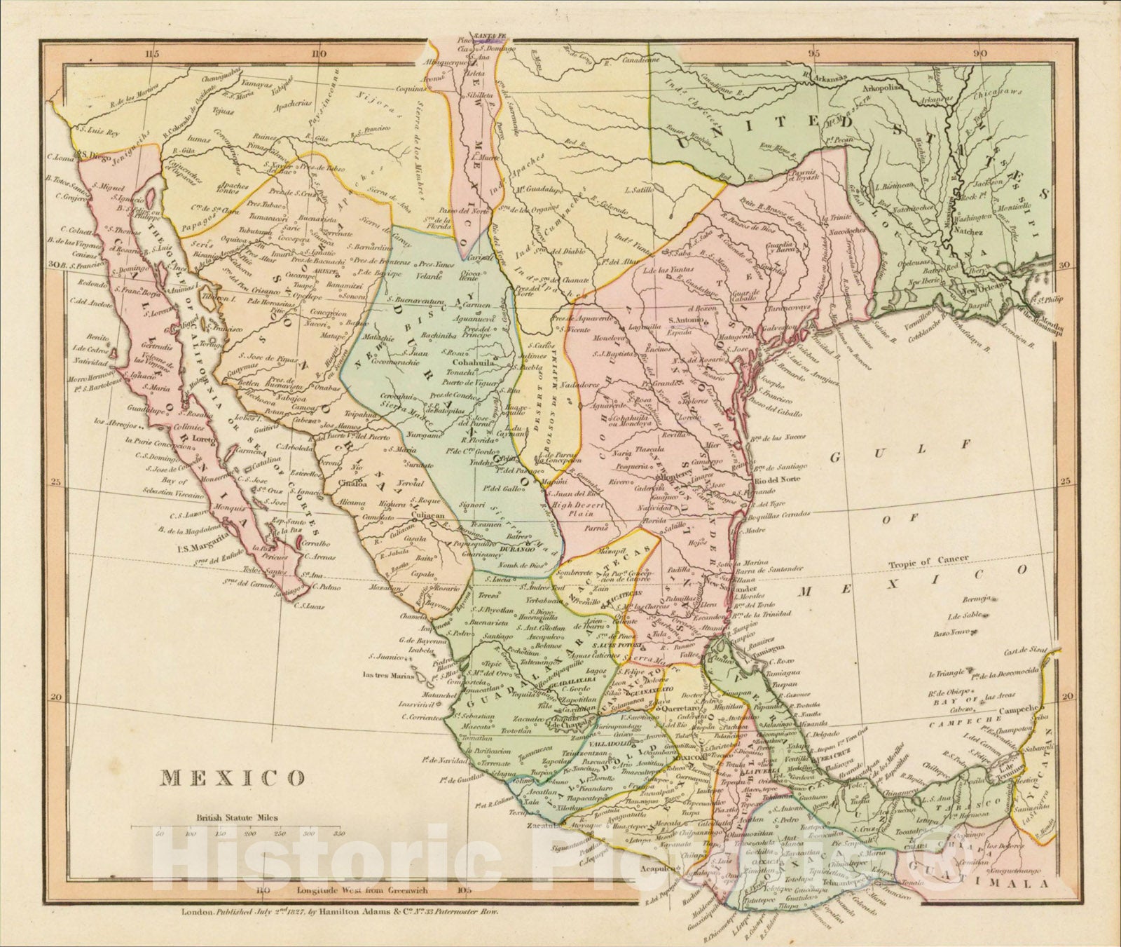 Historic Map : Mexico (Cohahuila and Texas Shown), 1827, Hamilton, Adams & Co., Vintage Wall Art