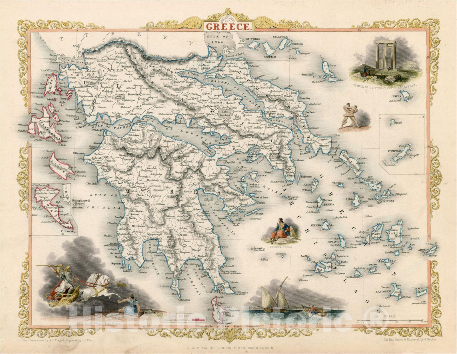 Historic Map : Ionian Isles and Greece, 1851, John Tallis, v3, Vintage Wall Art