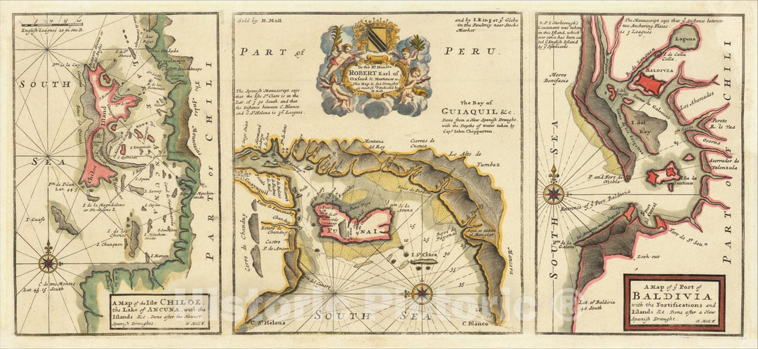 Historic Map : Baldivia with the Fortifications and Islands,The Bay of Guiaquil, the Isle Chiloe the Lake of Ancuna, 1711, Herman Moll, Vintage Wall Art