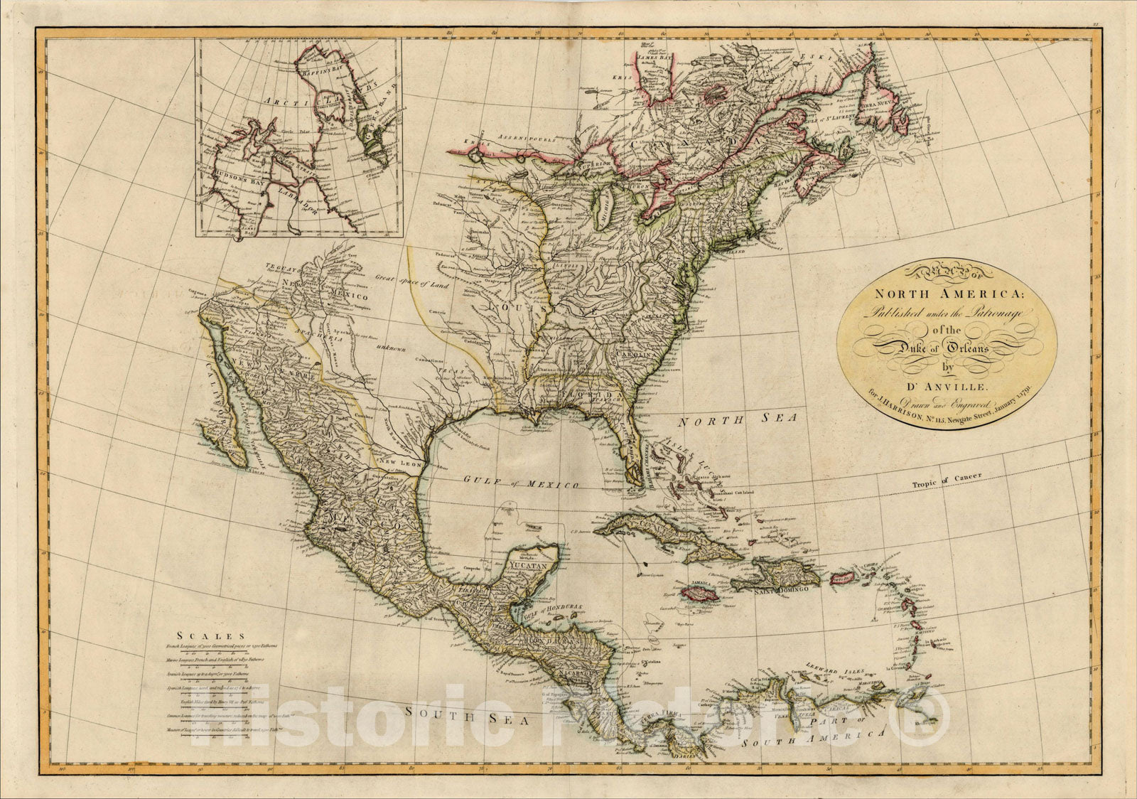 Historic Map : A Map of North America Published under the Patronage of the Duke of Orleans by D'Anville. Drawn and Engraved for J. Harrison?1791, 1791, , Vintage Wall Art