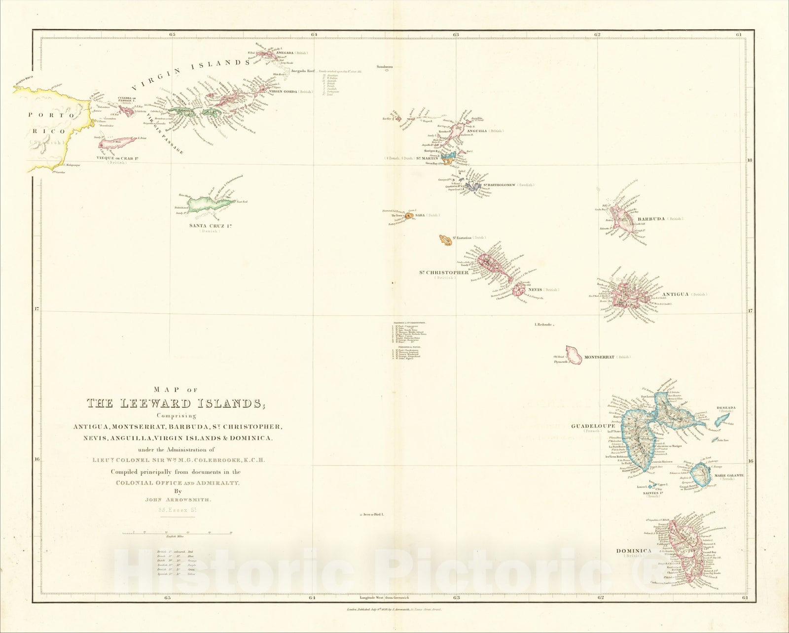 Historic Map : Map of The Leeward Islands; Comprising Antigua, Montserrat, Barbuda, St. Christopher, Nevis, Anguilla, Virgin Islands & Dominica, 1839, v1, Vintage Wall Art