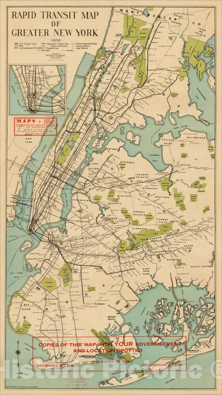 Historic Map : Rapid Transit Map of Greater New York, c1930, Dolph & Stewart, Vintage Wall Art