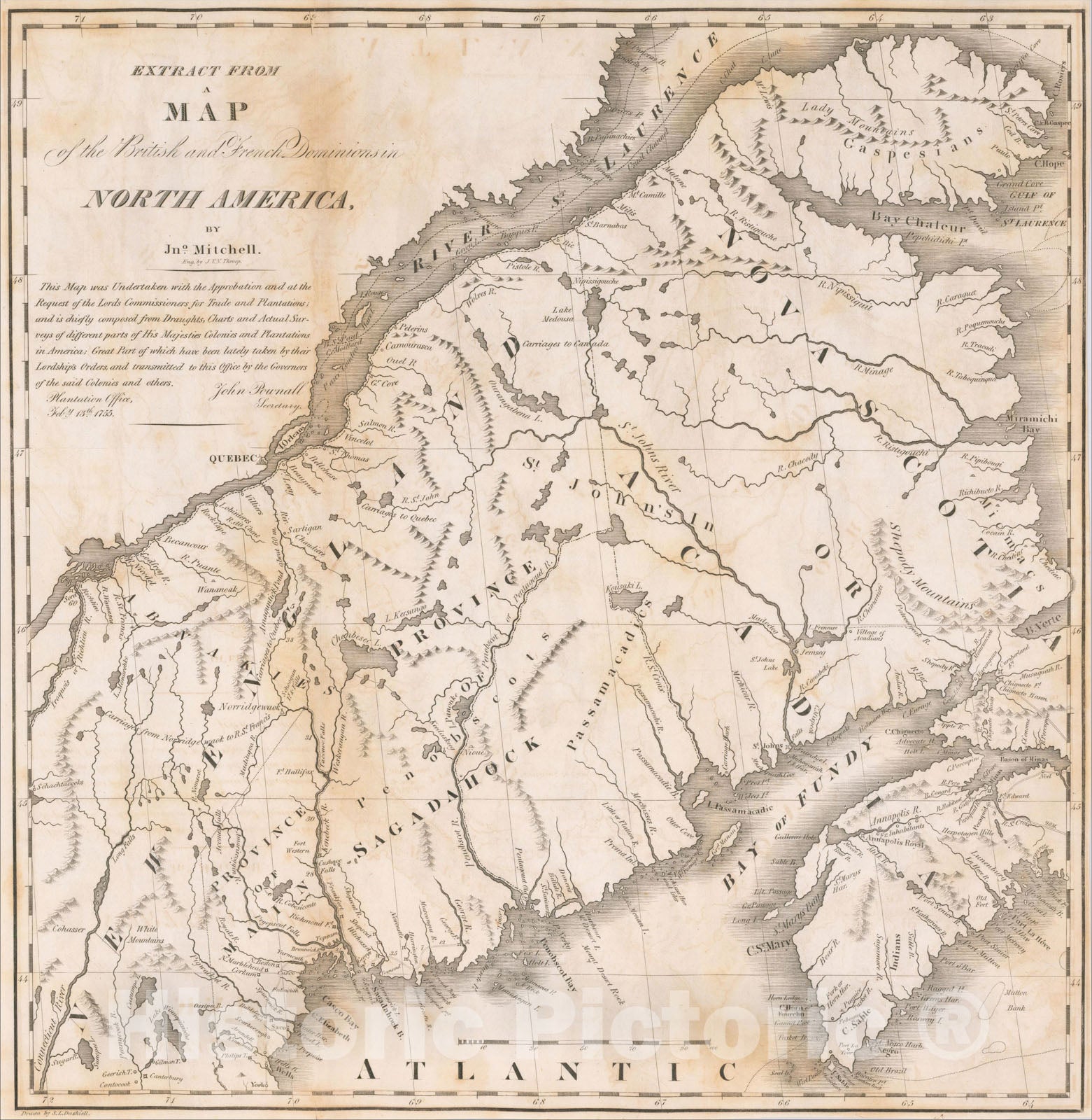 Historic Map : Extract from a Map of the British and French Dominions in North America by Jno. Mitchell., 1838, S. L. Dashiell, Vintage Wall Art