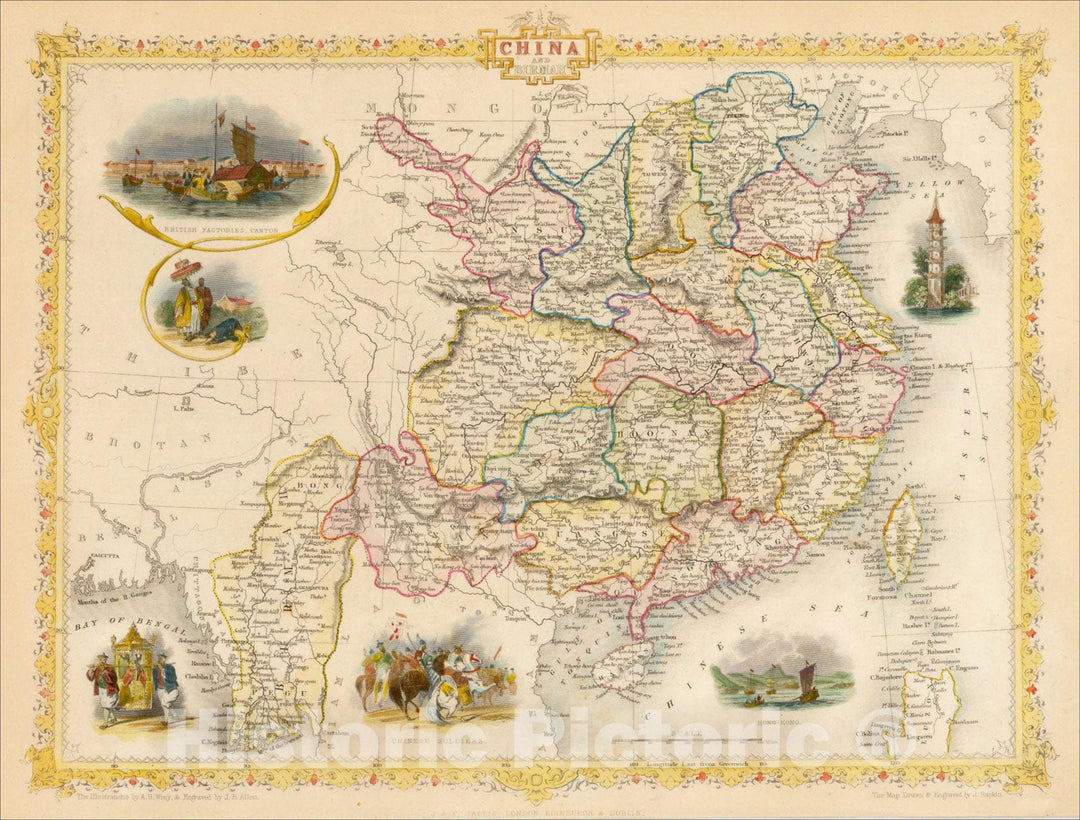 Historic Map : China and Birmah (View of Hong Kong), 1851, John Tallis, v2, Vintage Wall Art