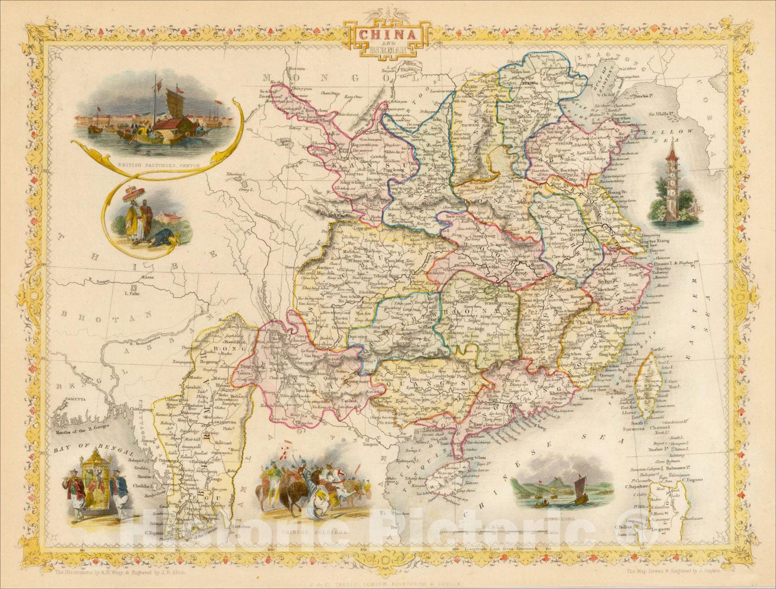 Historic Map : China and Birmah (View of Hong Kong), 1851, John Tallis, v2, Vintage Wall Art