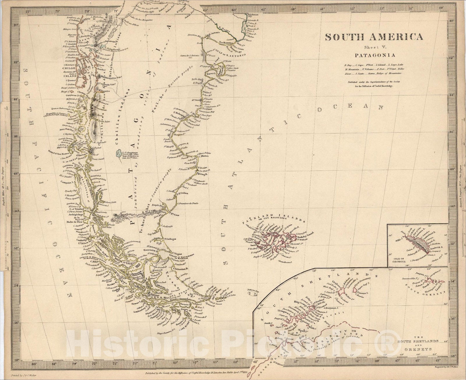 Historic Map : South America Sheet V Patagonia, 1849, SDUK, Vintage Wall Art