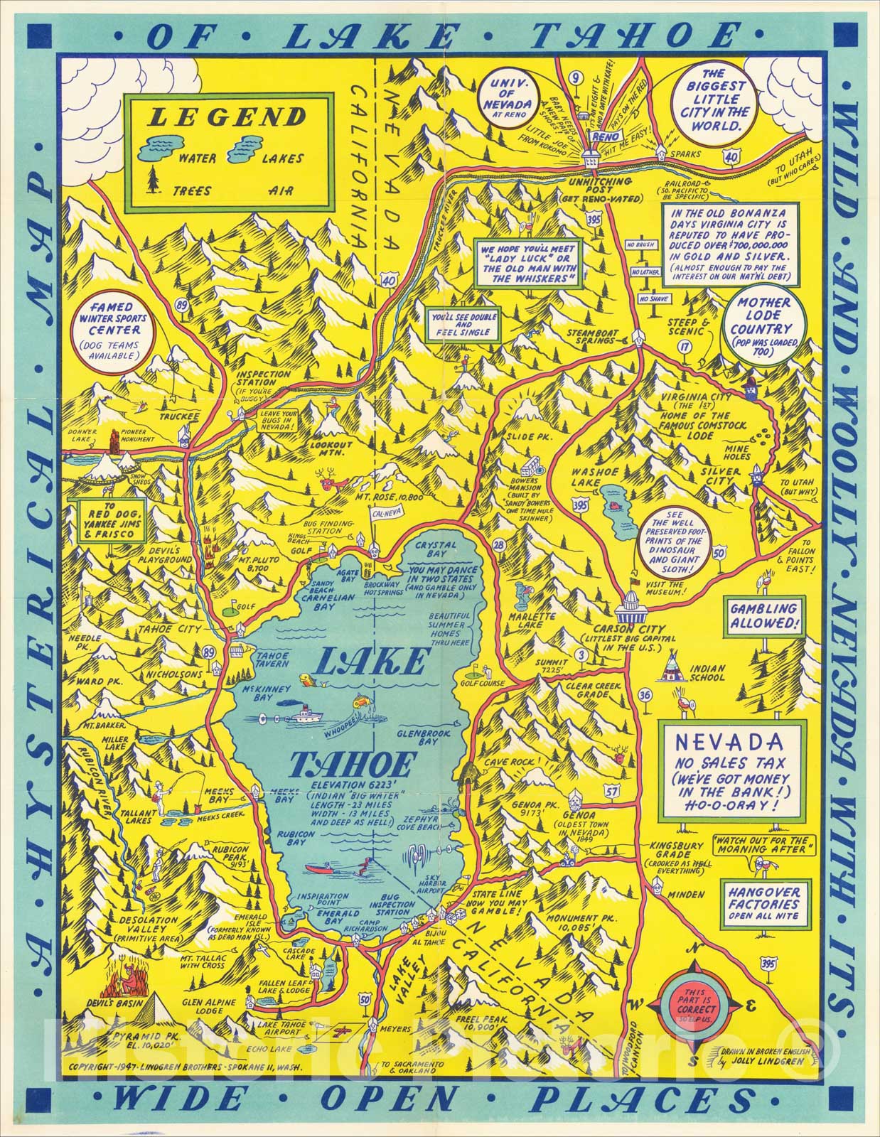 Historic Map : A Hysterical Map Of Lake Tahoe Wild and Woolly Nevada With Its Wide Open Places, 1947, Lindgren Brothers, Vintage Wall Art