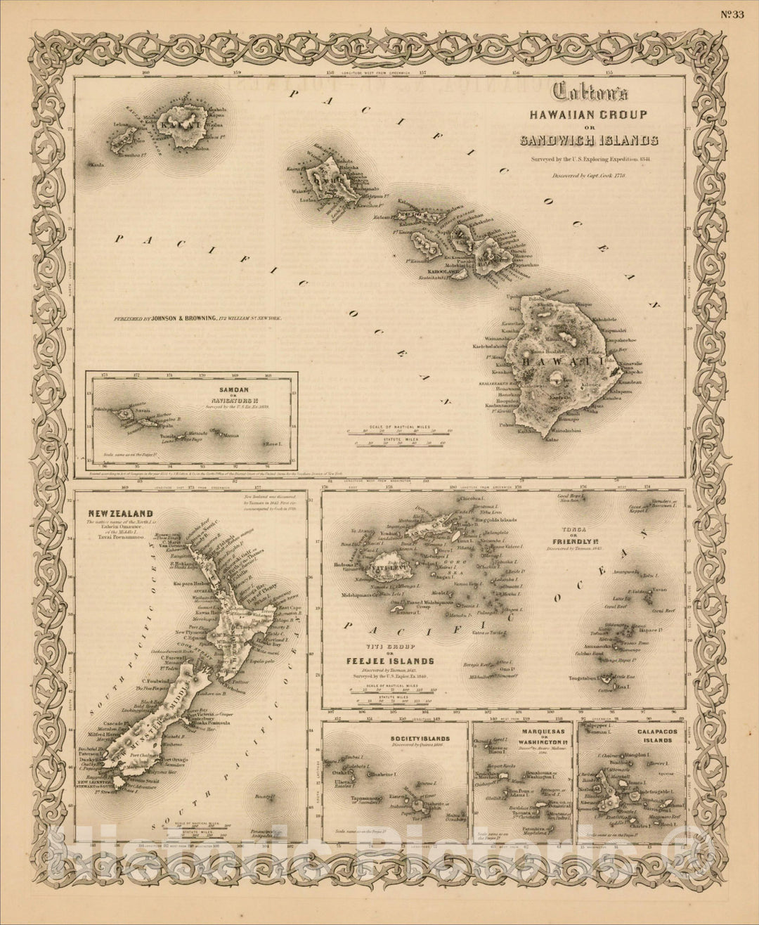 Historic Map : Hawaiian Group or Sandwich Islands with New Zealand [and] Feejee Group, Society Island, Marquesas and Galapagos Islands, 1855, Vintage Wall Art