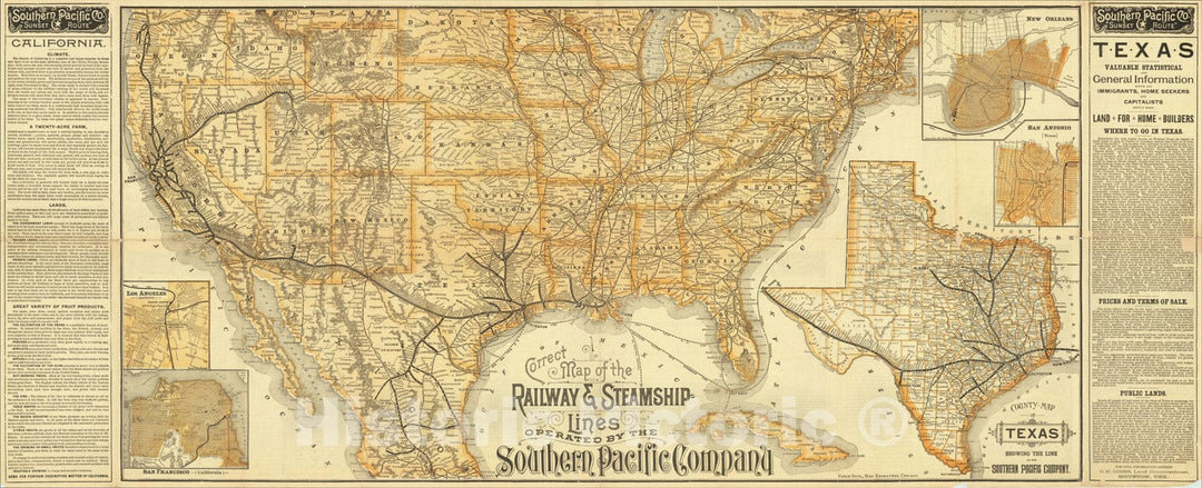 Historic Map : Correct Map of the Railway & Steamship Lines Operated by the Southern Pacific Company, 1893, Poole Brothers, Vintage Wall Art