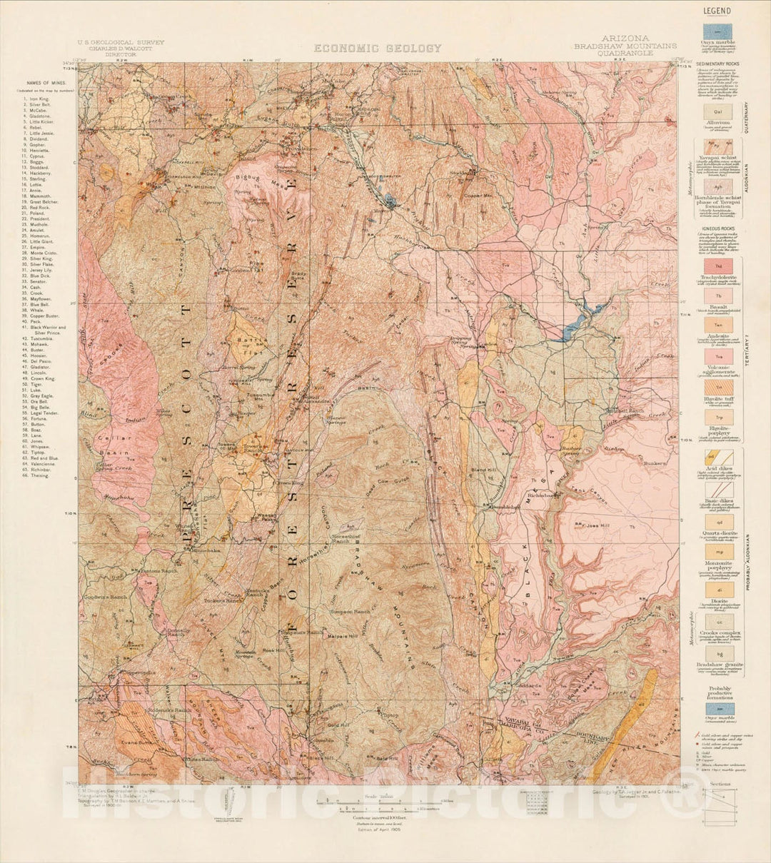 Historic Map : Arizona Bradshaw Mountains Quadrangle -- Economic Geology, 1901, U.S. Geological Survey, Vintage Wall Art