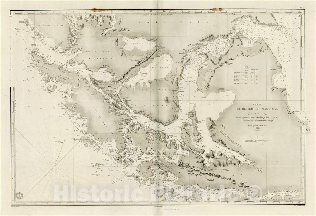 Historic Map : Carte Du Detroit De Magellan, par les Capitains Phillip Parker King et Robert Fitz Roy, 1858, 1858, Depot de la Marine, Vintage Wall Art