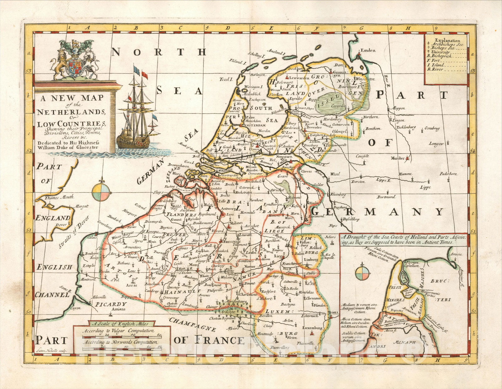 Historic Map : A New Map of the Netherlands or Low Countries, 1700, Edward Wells, Vintage Wall Art