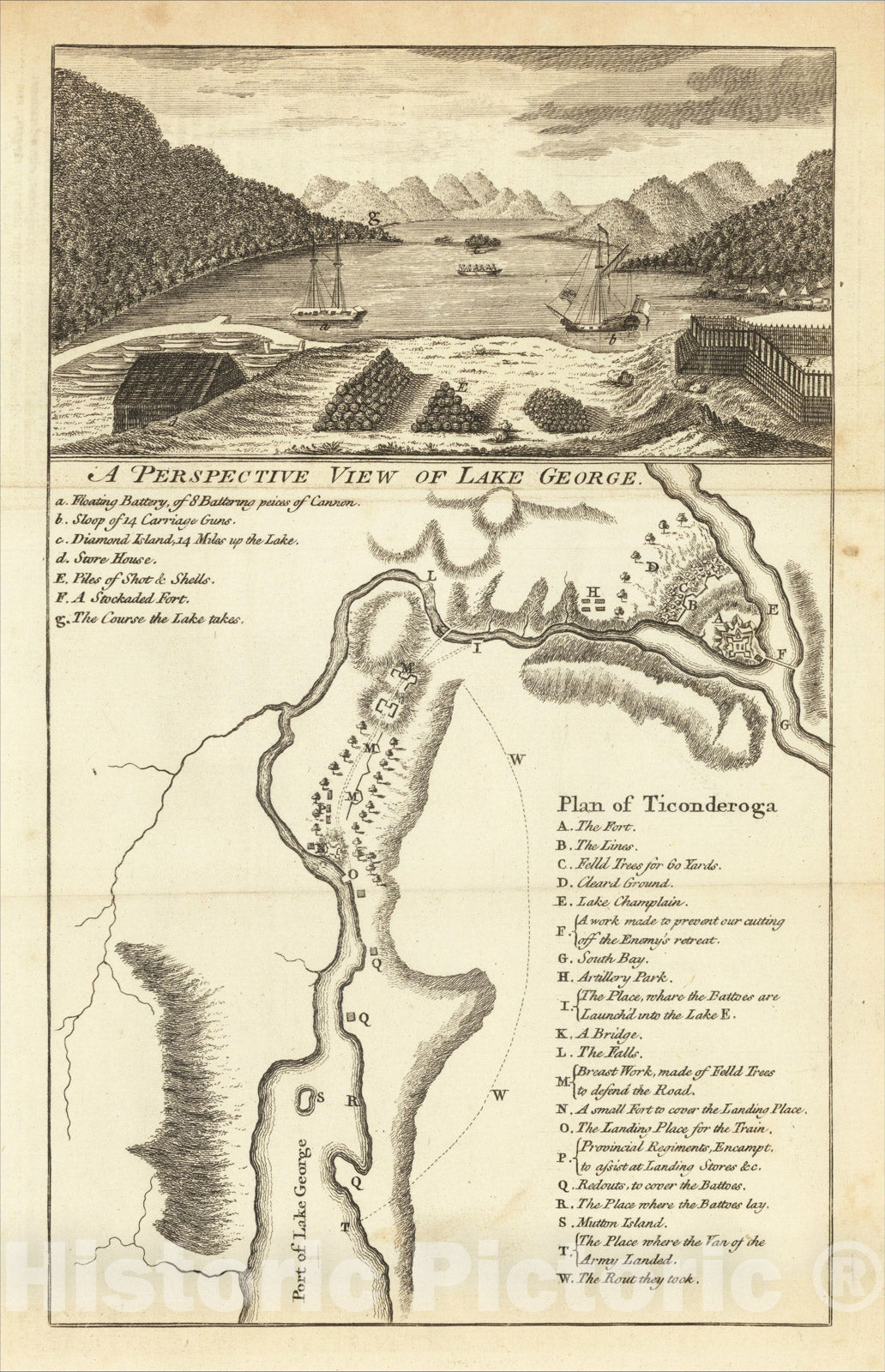 Historic Map : A Perspective View of Lake George, 1759, J. Hinton, Vintage Wall Art