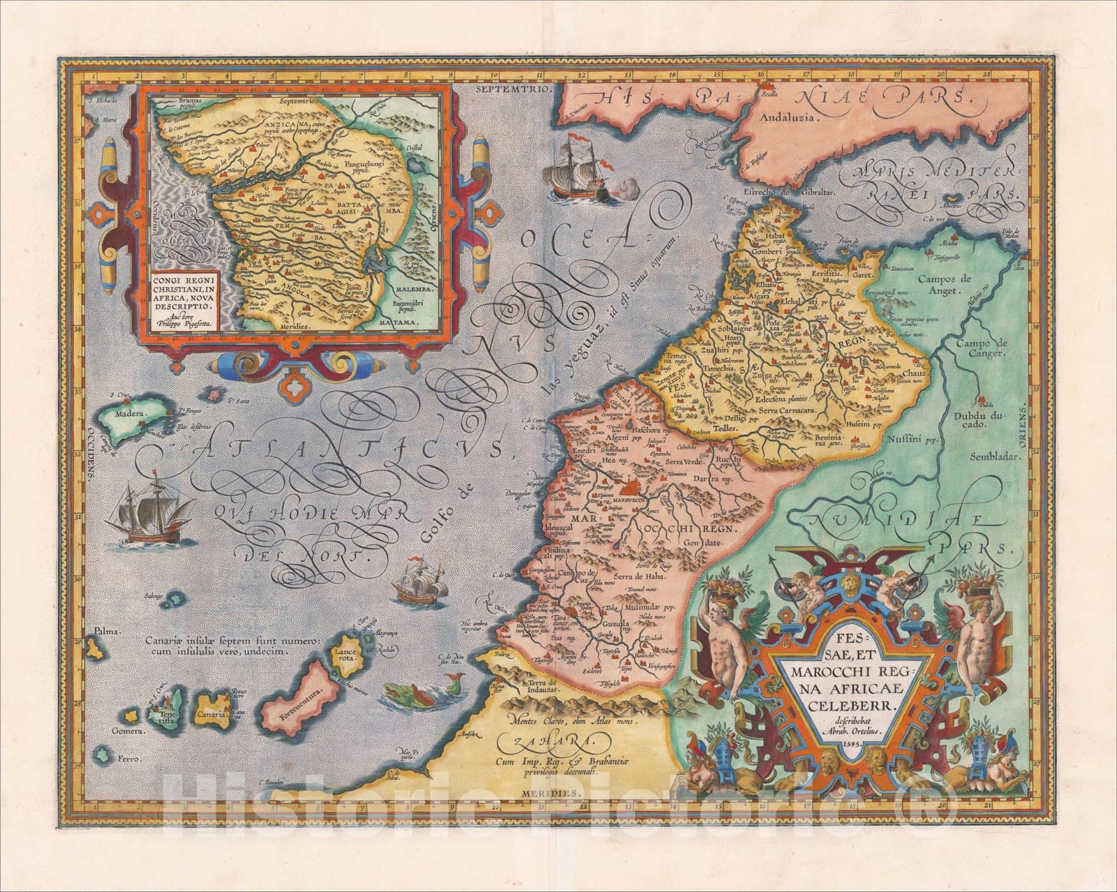 Historic Map : Fessae, et Marocchi Regna Africae Celeberr. describebat Abrah. Ortelius. 1595 [with large inset of West Africa], 1608, Abraham Ortelius, Vintage Wall Art