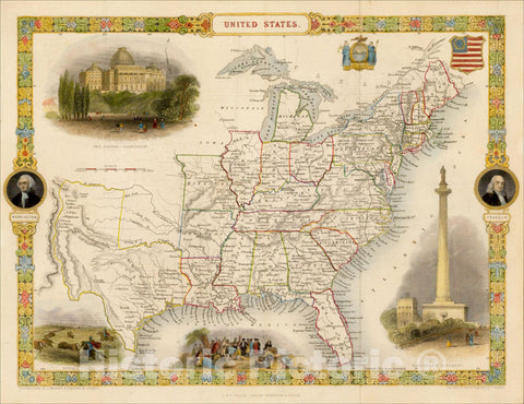 Historic Map : United States Including Texas, 1848, John Tallis, v6, Vintage Wall Art