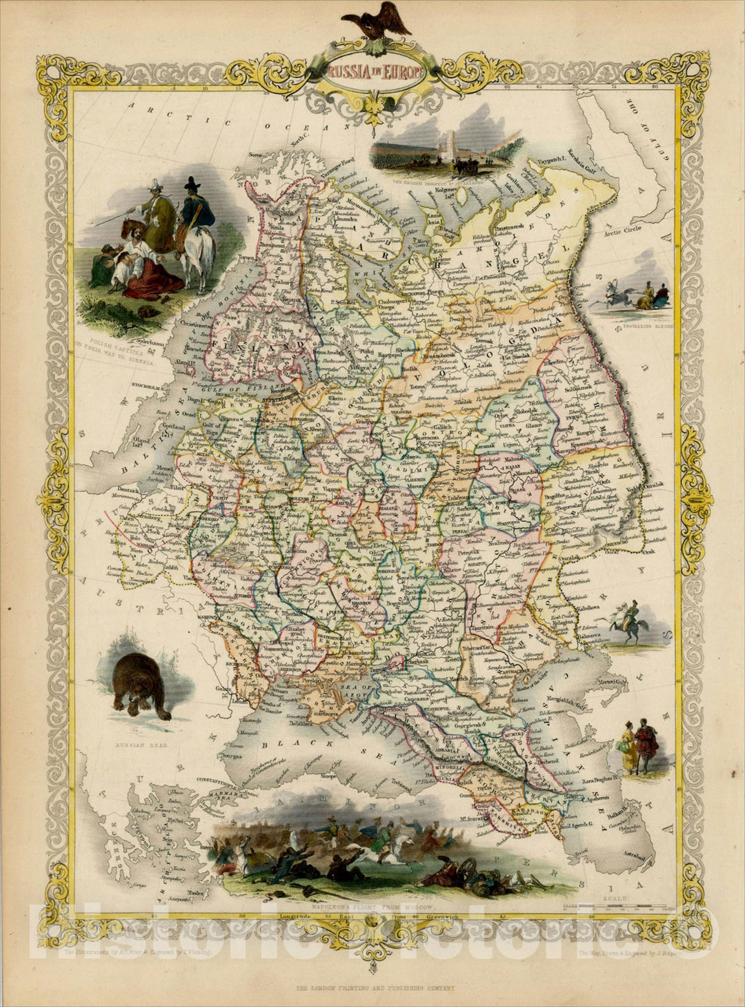 Historic Map : Russia in Europe, 1851, John Tallis, v4, Vintage Wall Art